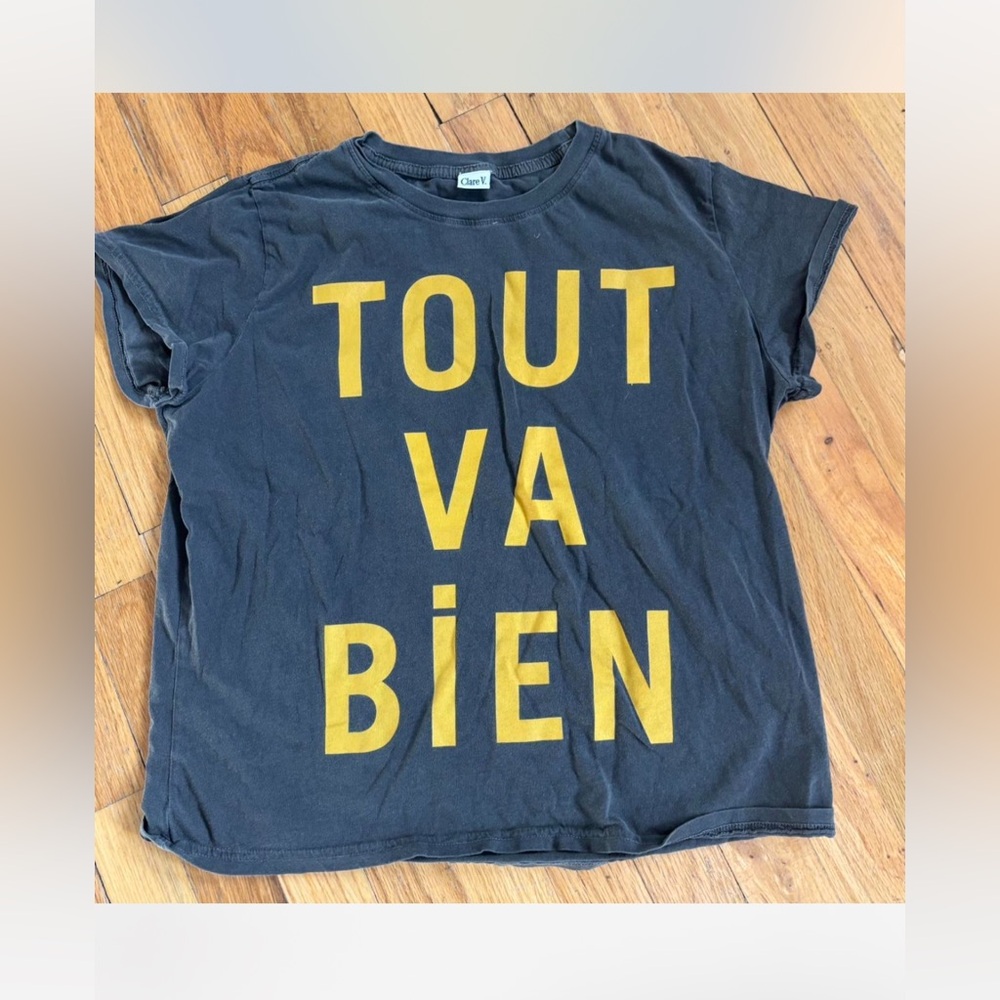 Clare V Small Black Tee with Yellow 'TOUT VA BIEN' Graphic